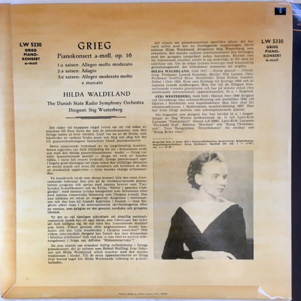 Edvard Grieg, Hilda Waldeland, Stig Westerberg : Pianokonsert A-Moll  (10", Mono)