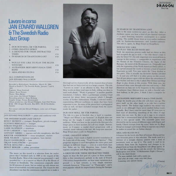Jan Wallgren & Radiojazzgruppen : Lavoro In Corso (LP, Album)