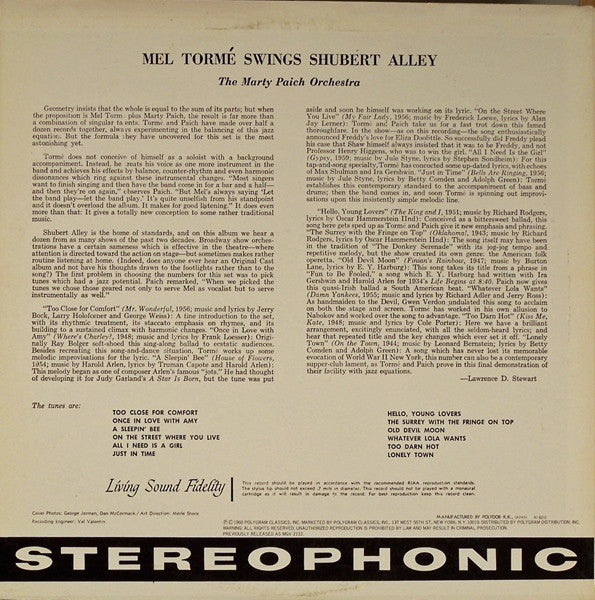 Mel Tormé, Marty Paich Orchestra : Swings Shubert Alley (LP, Album, RE)