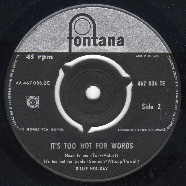 Billie Holiday : It's Too Hot For Words (7", EP)