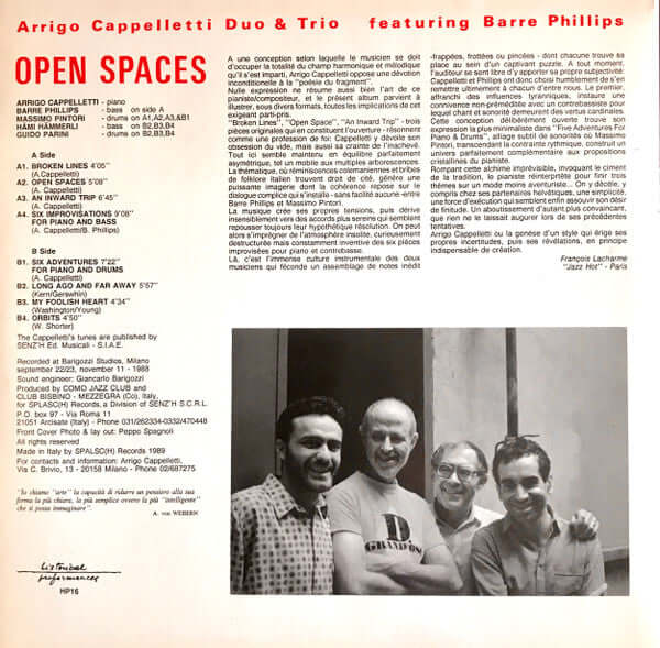 Arrigo Cappelletti Duo & Arrigo Cappelletti Trio Featuring Barre Phillips : Open Spaces (LP, Album)