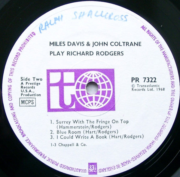 Miles Davis & John Coltrane : Play Richard Rodgers (LP, Comp, RE)