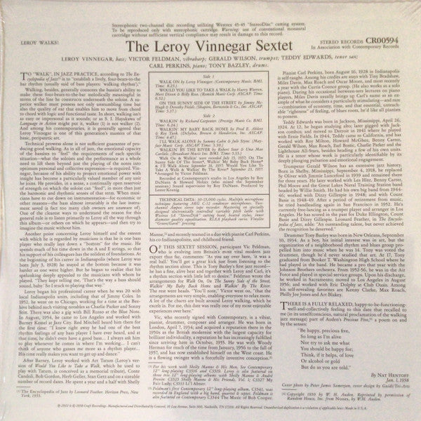 Leroy Vinnegar Sextet : Leroy Walks! (LP, Album, RE, 180)