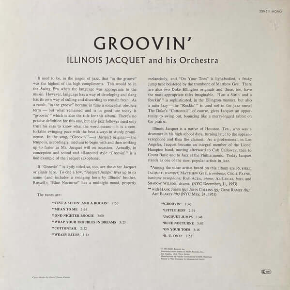 Illinois Jacquet And His Orchestra : Groovin' With Jacquet (LP, Album, Mono, RE)