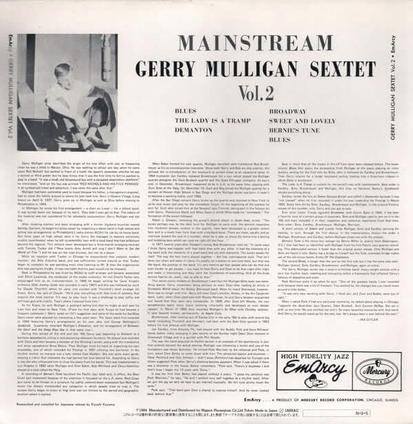 Gerry Mulligan And His Sextet : Mainstream Of Jazz Vol. 2 (LP, Album, Mono)