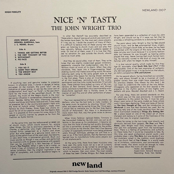 The John Wright Trio : Nice 'N' Tasty (LP, Album, RE, RM)