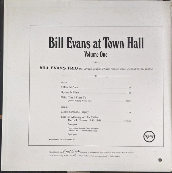 Bill Evans Trio* : Bill Evans At Town Hall (Volume One) (LP, Album, Mono)