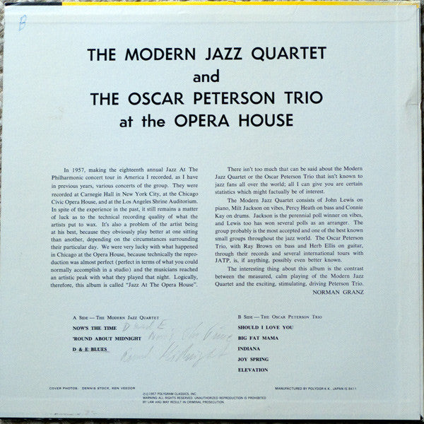 The Modern Jazz Quartet And The Oscar Peterson Trio : At The Opera House (LP, Album, Mono, RE)