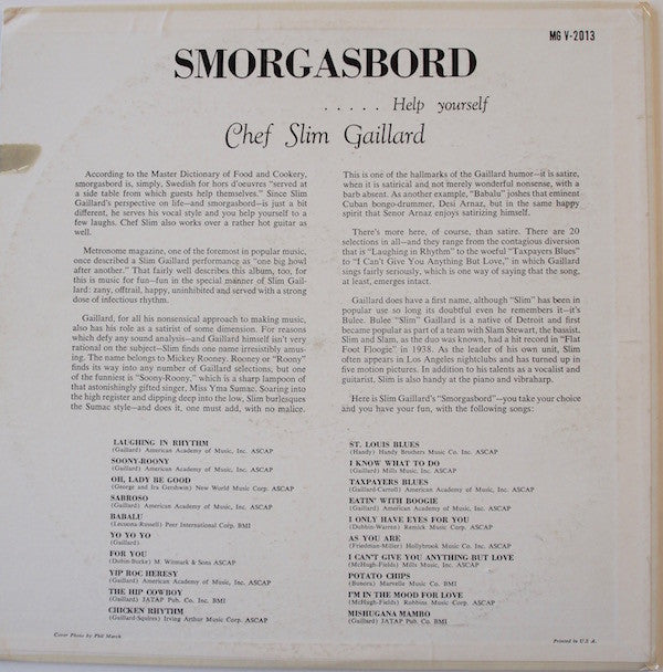 Chef Slim Gaillard* : Smorgasbord..... Help Your Self (LP, Album, Mono)