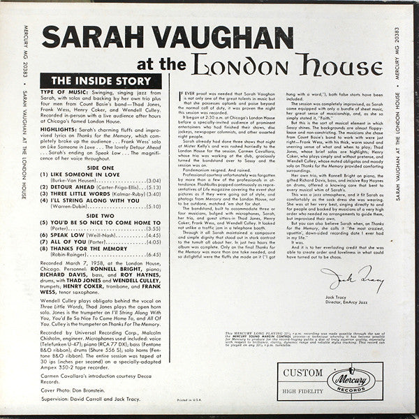 Sarah Vaughan : After Hours At The London House (LP, Album, Mono)