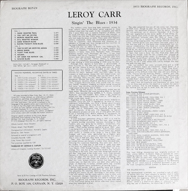 Leroy Carr : Singin' The Blues - 1934 (LP, Comp, Mono)