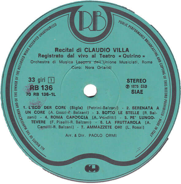 Claudio Villa : Recital Claudio Villa (LP, Album)
