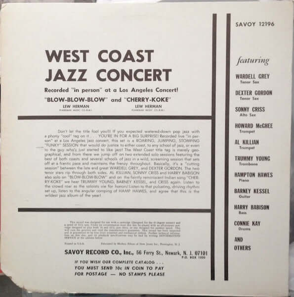 Dexter Gordon, Barney Kessel, Wardell Gray, Sonny Criss, Hampton Hawes, Harry Babasin, Howard McGhee : West Coast Jazz Concert (LP, Album, Mono)