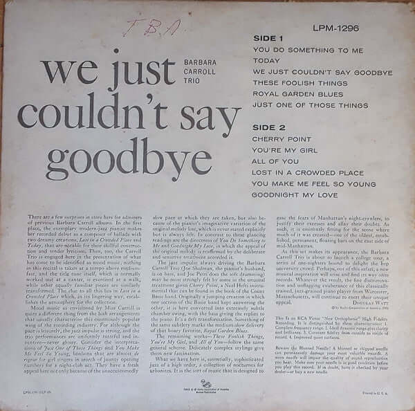 Barbara Carroll Trio : We Just Couldn't Say Goodbye... (LP, Album, Mono, Ind)
