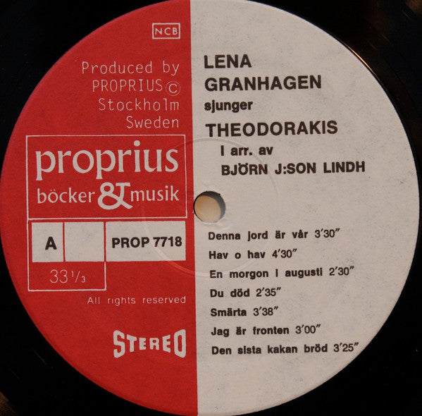 Lena Granhagen, Theodorakis* & Biermann* : Lena Granhagen Sjunger Theodorakis & Biermann (LP, Album, Gat)