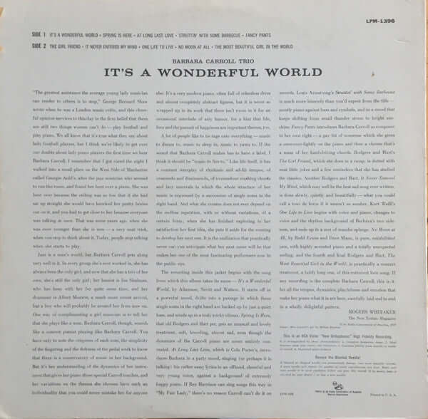 Barbara Carroll Trio : It's A Wonderful World (LP, Album, Mono)