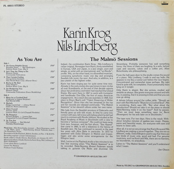 Karin Krog, Nils Lindberg : As You Are (The Malmö Sessions) (LP, Album)
