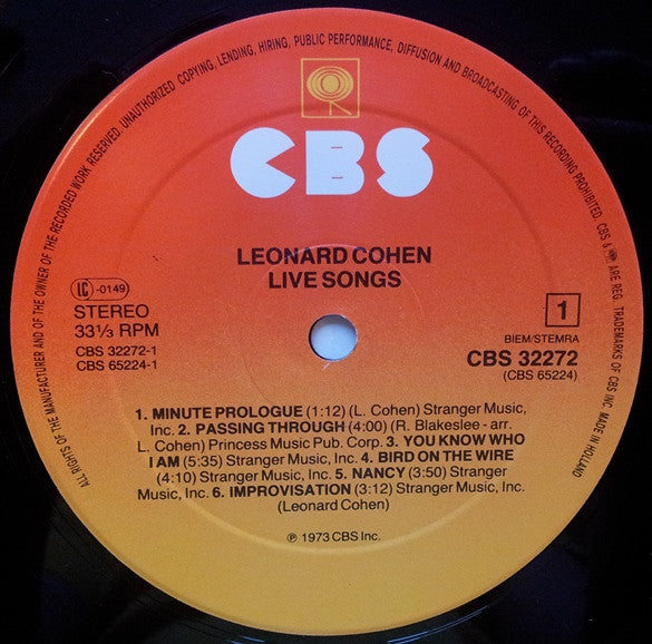 Leonard Cohen : Live Songs (LP, Album, RE)
