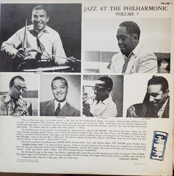 Charlie Parker, Lester Young, Flip Phillips, Roy Eldridge, Buddy Rich, Ray Brown, Tommy Turk, Hank Jones : Norman Granz' Jazz At The Philharmonic Volume 7 (LP, Comp, Mono, RE)