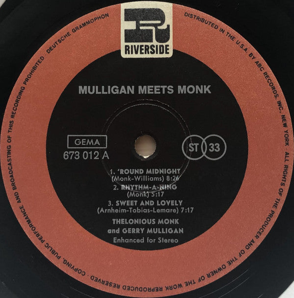 Thelonious Monk And Gerry Mulligan : Mulligan Meets Monk (LP, Album, RE)