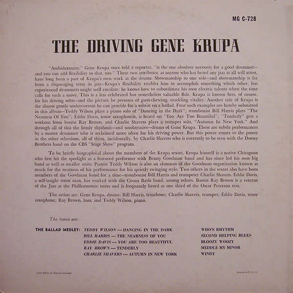 Gene Krupa : The Driving Gene Krupa (LP, Album, Mono, RE)