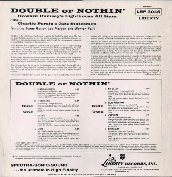 Howard Rumsey's Lighthouse All-Stars Host Charlie Persip's Jazz Statesmen With Lee Morgan, Benny Golson, Wynton Kelly : Double Or Nothin' (LP, Album, Mono, RE)
