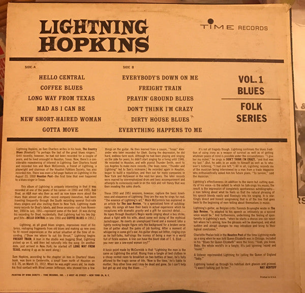 Lightnin' Hopkins : Vol. 1 Blues-Folk Series (LP, Comp, Mono)