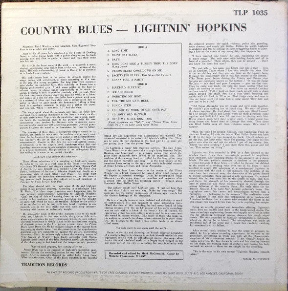 Lightnin' Hopkins : Country Blues (LP, Album, RE)
