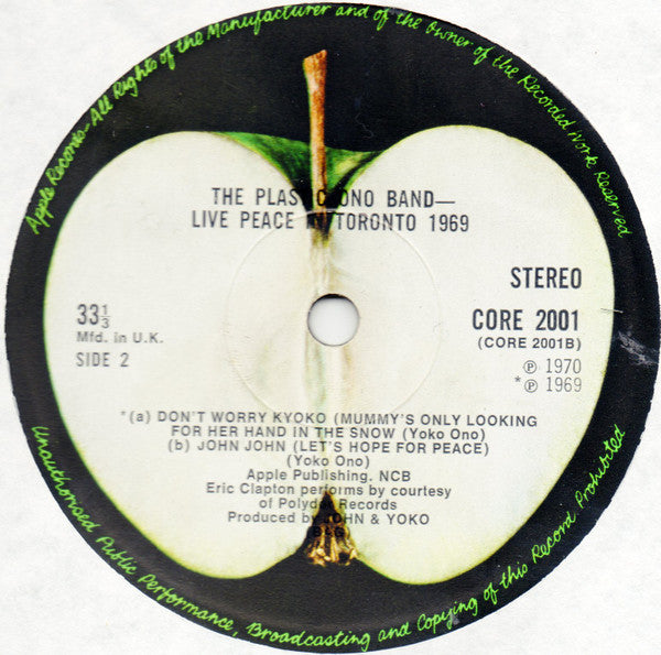 The Plastic Ono Band : Live Peace In Toronto 1969 (LP, Album, Lab)