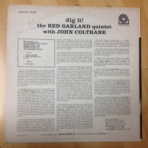 The Red Garland Quintet With John Coltrane : Dig It! (LP, Album, Mono)
