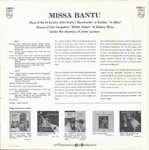 Les Soeurs Blanches Of Katana : Missa Bantu (Messe Du Ler Dimanche Aprés Paques Ou Dimanche De Quasimodo Ou "In Albis") (LP, Album, Mono)
