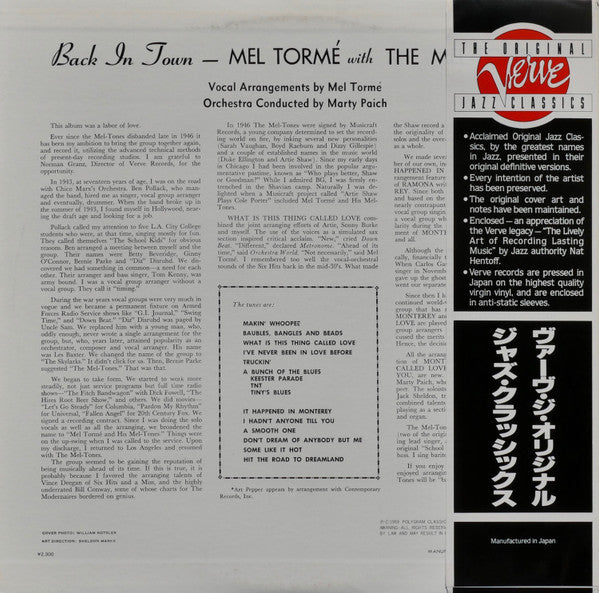 Mel Tormé With The Mel-Tones : Back In Town (LP, Album, RE)