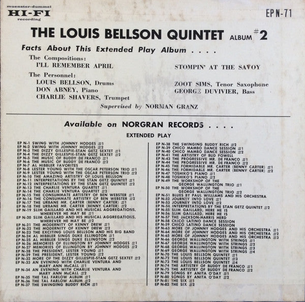 The Louie Bellson Quintet : The Louis Bellson Quintet Album #2 (7", EP)