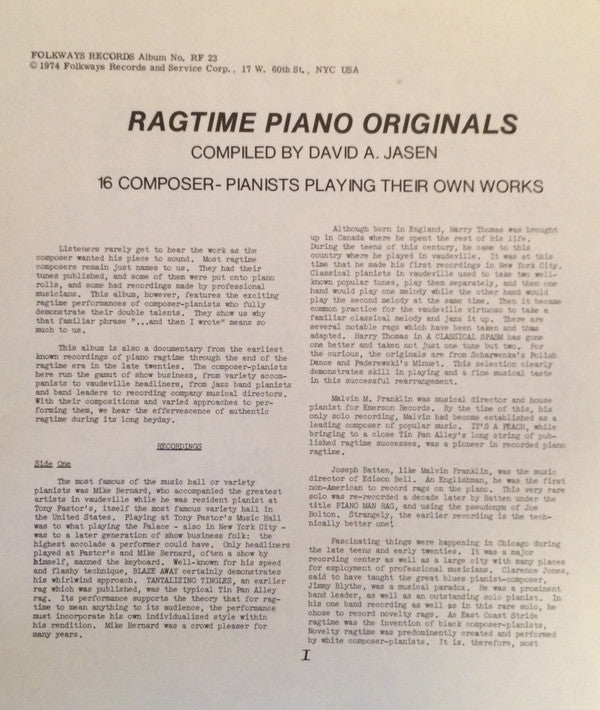 Various : Ragtime Piano Originals (LP, Comp)